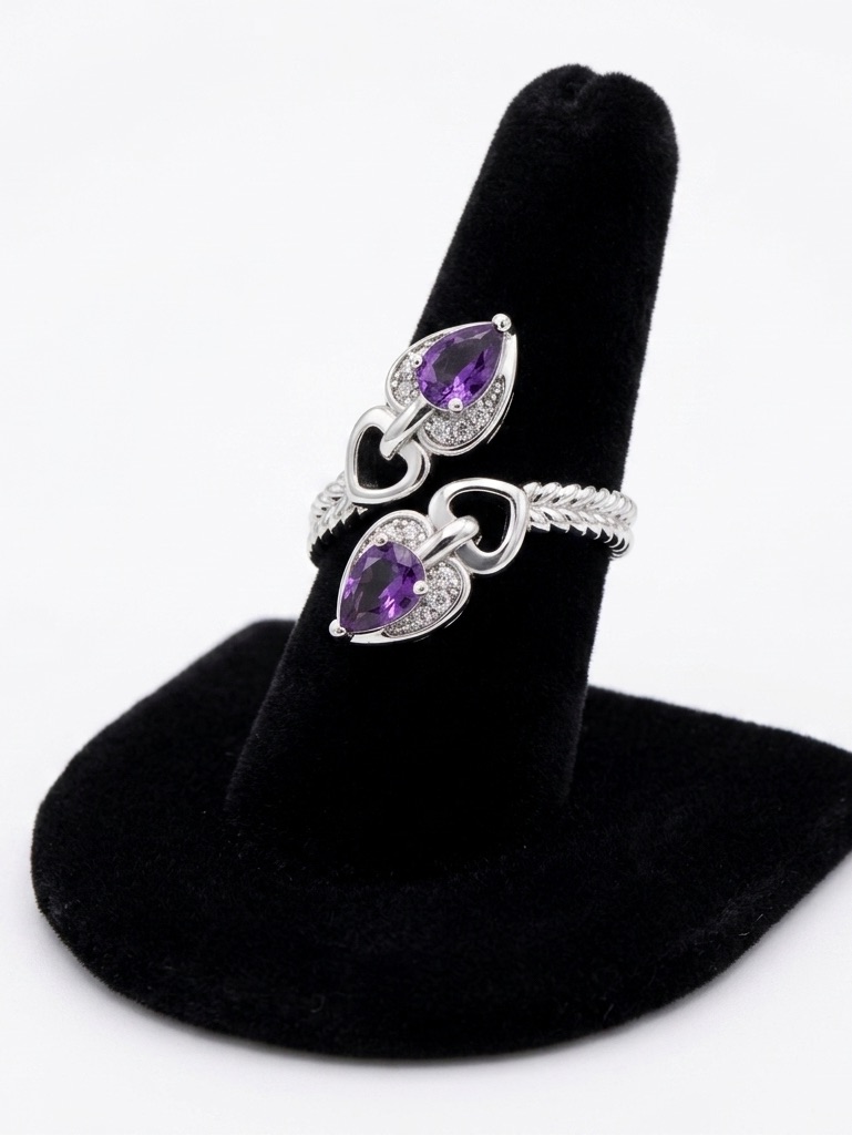 New S925 Sterling Silver Purple Amethyst & Morganite Heart Tear Drop Ring